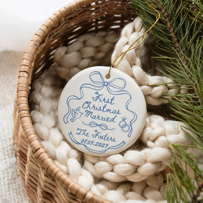 Custom First Christmas Married Ornament, 1st Anniversary Gift, Personalized Holiday Couple Gift, Coquette Bow Mr Mrs Newlywed Wedding Gift