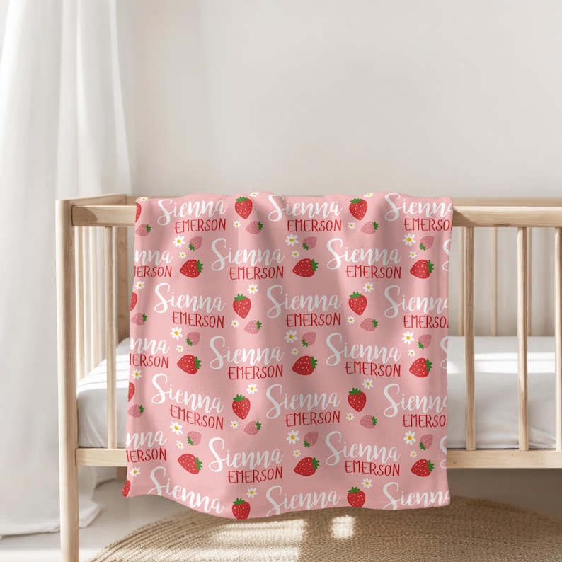 Personalized Strawberry Blanket, Custom Baby Name Blanket, Pink Girl Nursery Decor, Gift for Baby Girl, Cute Kids Blanket, Toddler Blanket