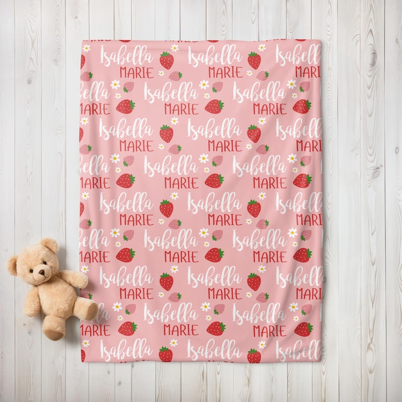 Personalized Strawberry Blanket, Custom Baby Name Blanket, Pink Girl Nursery Decor, Gift for Baby Girl, Cute Kids Blanket, Toddler Blanket