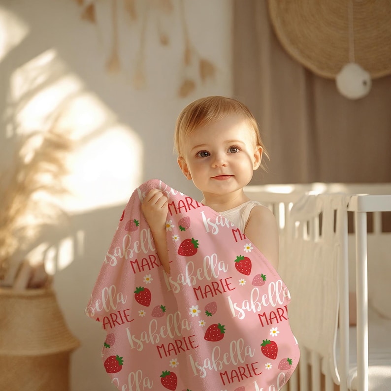 Personalized Strawberry Blanket, Custom Baby Name Blanket, Pink Girl Nursery Decor, Gift for Baby Girl, Cute Kids Blanket, Toddler Blanket