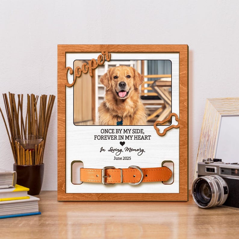 Personalized Pet Memorial Wood Frame With Collar Holder, Custom Dog Loss Gift, Wooden Pet Sympathy Sign, Cat Dog Memorial Gift, Pet Keepsake