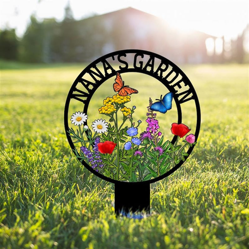 Personalized Garden Metal Sign With Stake, Custom Garden Name Sign, Garden Flower Sign, Metal Yard Art, Housewarming Gift, Mother's Day Gift