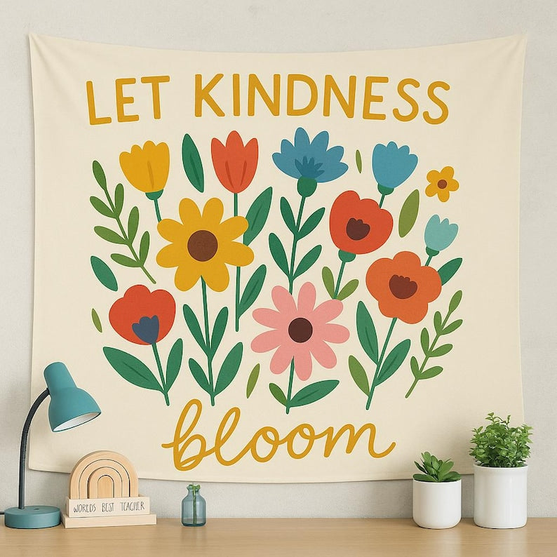 Let Kindness Bloom Tapestry - Back to School Classroom Decor, Colorful Floral Wall Art Positive Affirmation Poster, Teacher Classroom Banner