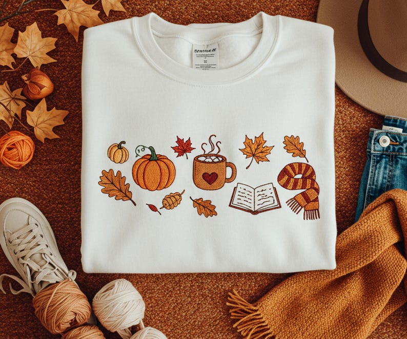 Embroidered Fall Sweatshirt with Pumpkin Spice, Cozy Autumn Crewneck for Thanksgiving, Cute Cottagecore Gift for Her, Trend Fall Gift