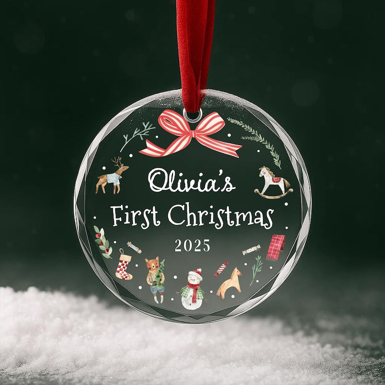 Personalized Baby's First Christmas Ornament 2025 Custom Name Gift for Newborn Girl or Boy Glass Heart or Round Ornament Keepsake
