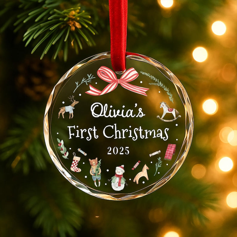 Personalized Baby's First Christmas Ornament 2025 Custom Name Gift for Newborn Girl or Boy Glass Heart or Round Ornament Keepsake