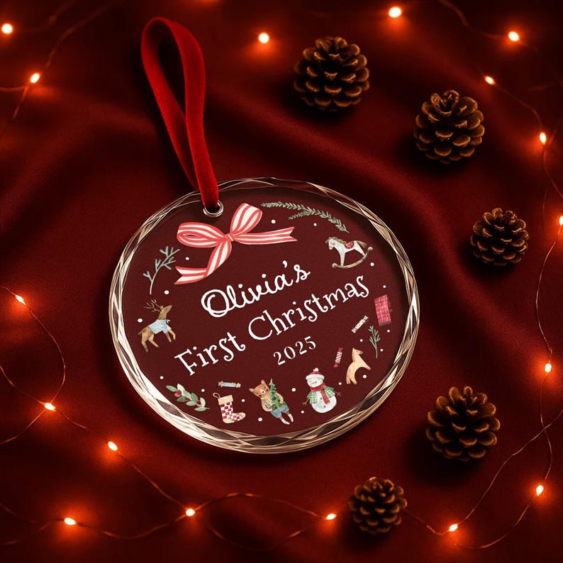 Personalized Baby's First Christmas Ornament 2025 Custom Name Gift for Newborn Girl or Boy Glass Heart or Round Ornament Keepsake OR018