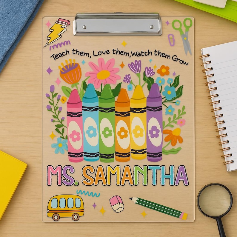 Personalized Teacher Clipboard Custom Name Gift Cute Crayon Design Customized Back to School Supplies for Classroom or Teacher Appreciation