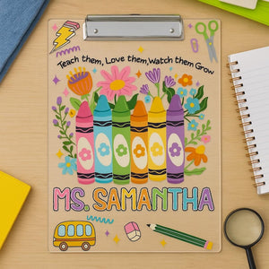 Personalized Teacher Clipboard Custom Name Gift Cute Crayon Design Customized Back to School Supplies for Classroom or Teacher Appreciation