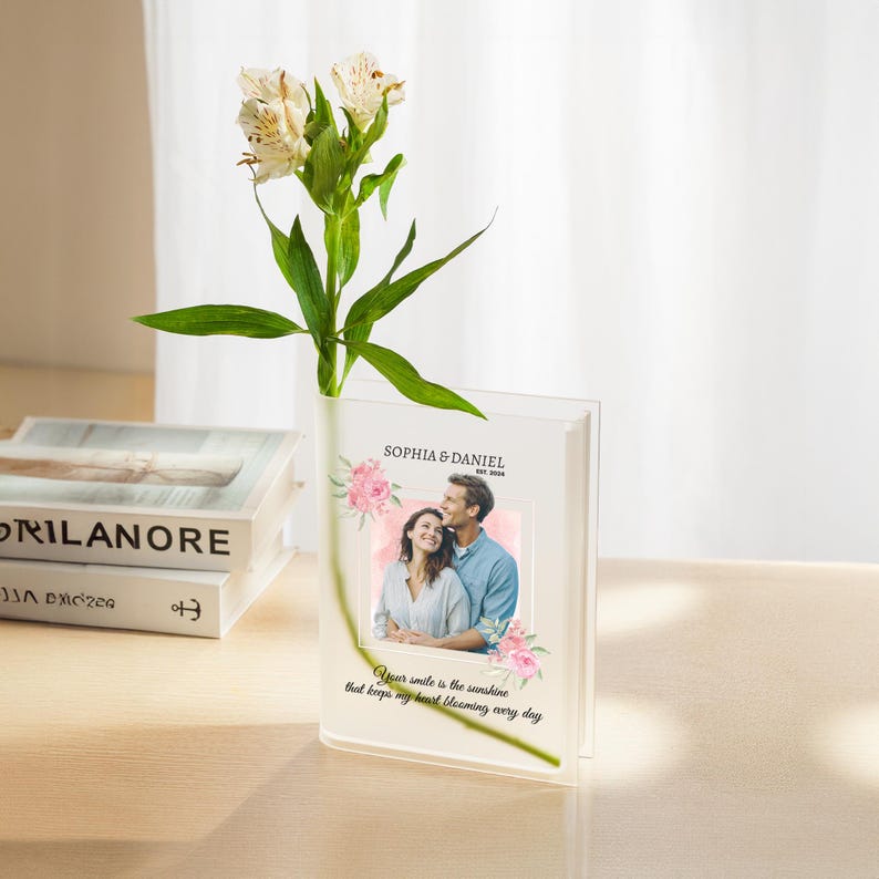 Personalized Couple Photo Acrylic Book Vase, Custom Couple Portrait Book Vase, Flowers Vase For Book Lover Gift, Custom Anniversary Gift