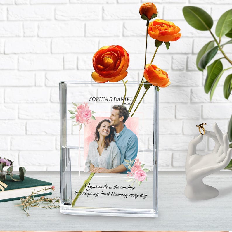 Personalized Couple Photo Acrylic Book Vase, Custom Couple Portrait Book Vase, Flowers Vase For Book Lover Gift, Custom Anniversary Gift