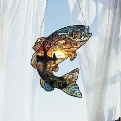 Sunset Fisherman Acrylic Window Hanging, Jumping Bass Ornament, Bass Fish Silhouette & Lake Scene Decor, Outdoorsmen Gift, Gift for Anglers