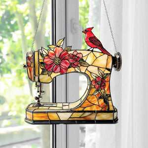 Sewing Machine Acrylic Window Hanging Floral Sun Catcher with Cardinal Bird for Seamstress Gift, Quilter Room, or Craft Decor