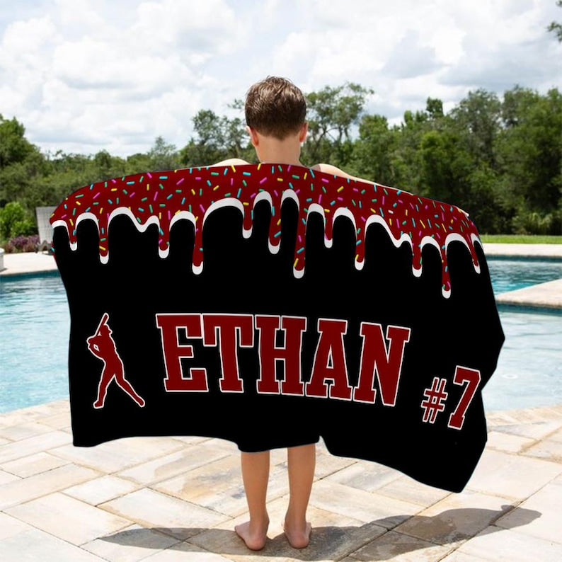 Personalized Ice Cream Drip Baseball Beach Towel For Boys, Drip Beach Towel, Pool Towel, Baseball Softball Team Gift, Youth Baseball Gift