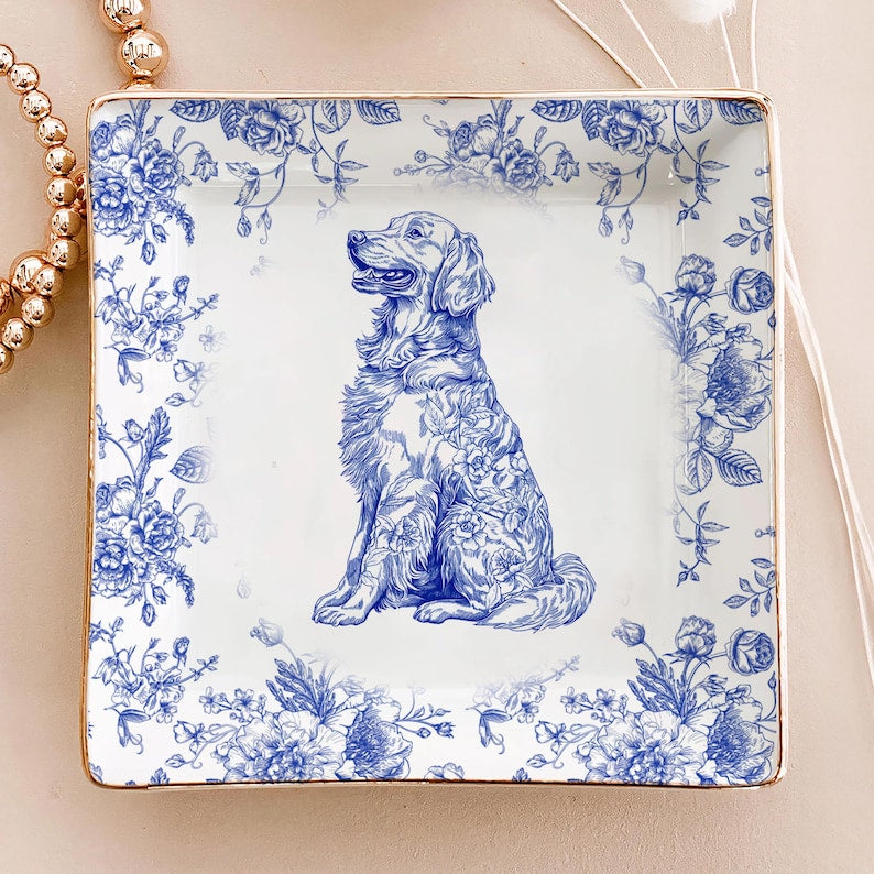 Custom Dog Cat Breed Jewelry Dish, Toile De Jouy Pet Ring Dish, Personalized Dog Cat Mom Gift, Pet Lover Trinket Dish, Pet Gift