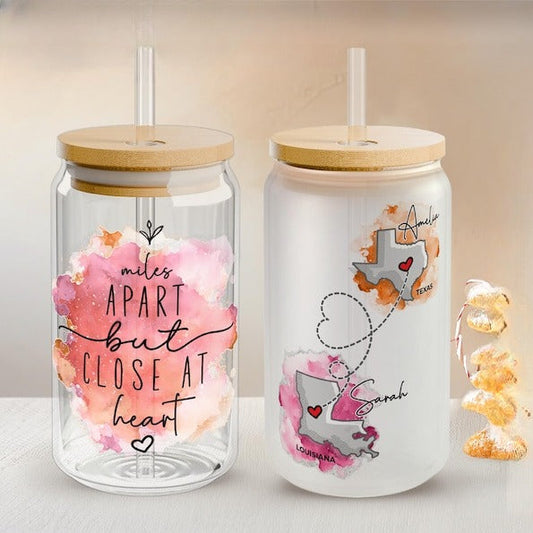 Personalized Long Distance Iced Coffee Cup Friendship Glass Tumbler Gift Miles Apart But Close At Heart Glass Can Cup Custom Two State Tumbler