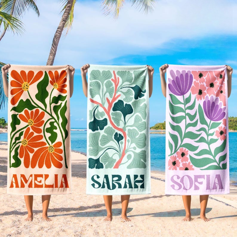 Personalized Retro Beach Towel with Name,Groovy Vibes Beach,Retro Floral Towel,Pool Towel,Bachelorette Party,Vacation Gift,Summer Trip Towel