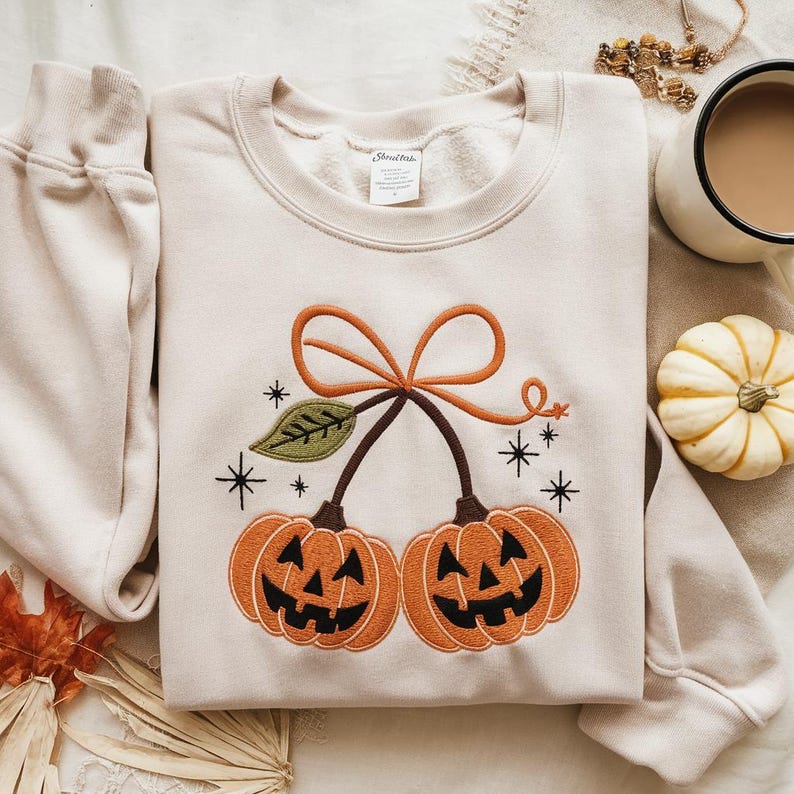 Embroidered Pumpkin Cherries Autumn Girly Sweatshirt, Halloween Pumpkin Shirt, Fall pumpkin Tee, Pumpkin Cheeries Coquette Tee, Fall Shirt il_794xN.7002916656_o1rr.jpg