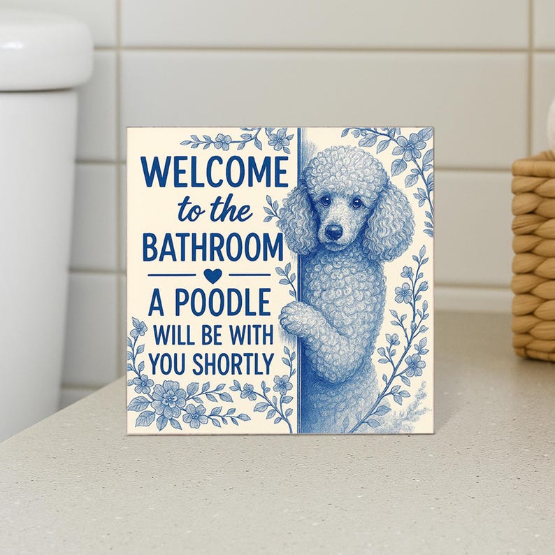 Funny Poodle Bathroom Sign | Welcome to Bathroom Dog Wood Block | Cute Poodle Decor Gift for Dog Lovers | Dog Wall Art for Home