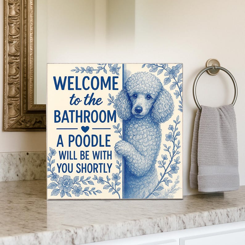 Funny Poodle Bathroom Sign | Welcome to Bathroom Dog Wood Block | Cute Poodle Decor Gift for Dog Lovers | Dog Wall Art for Home