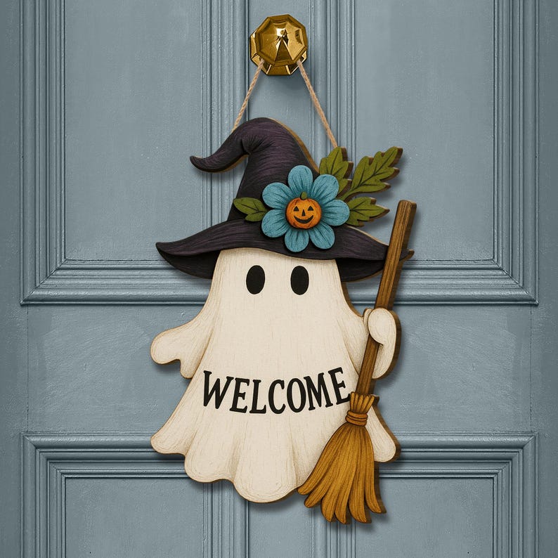 Halloween Ghost Welcome Sign, Cute Witch Door Hanger, Wooden Fall Decor, Spooky Front Porch Sign, Autumn Holiday Decoration