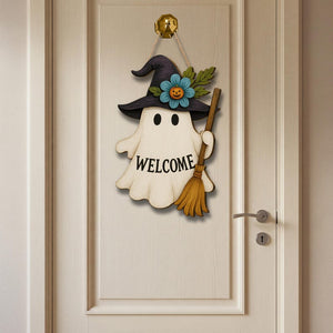 Halloween Ghost Welcome Sign, Cute Witch Door Hanger, Wooden Fall Decor, Spooky Front Porch Sign, Autumn Holiday Decoration