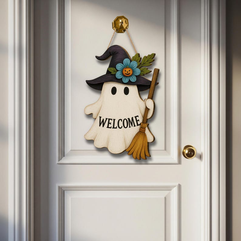 Halloween Ghost Welcome Sign, Cute Witch Door Hanger, Wooden Fall Decor, Spooky Front Porch Sign, Autumn Holiday Decoration