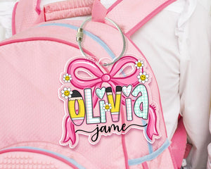 Coquette Girl School Name Tag, Pink Bow Name Keychain for Girl, Back To School Gift for Toddler, Lunch Bag Tag, Backpack Name Tag, Bag Label
