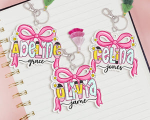 Coquette Girl School Name Tag, Pink Bow Name Keychain for Girl, Back To School Gift for Toddler, Lunch Bag Tag, Backpack Name Tag, Bag Label