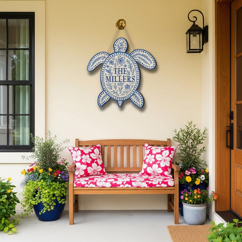 Personalized Wooden Turtle Hanging Sign Family Name Door Decor Coastal Boho Turtle Porch Plaque Customized Beach House Gift for Home Entry