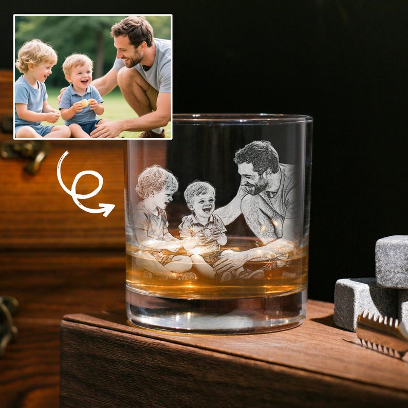 Custom Photo Whiskey Glass, Etched Whiskey Glasses from Photo, Personalized Unique Barware Gifts for Him, best gifts for dad, New Dad Gifts