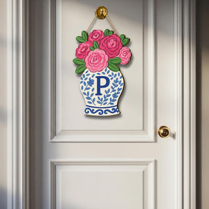 Personalized Chinoiserie Vase Door Hanger, Monogram Initial Sign, Pink Floral Wreath for Front Door, Grandmillennial Summer Decor