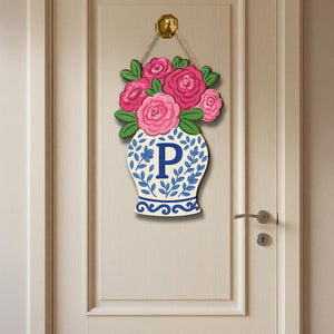 Personalized Chinoiserie Vase Door Hanger, Monogram Initial Sign, Pink Floral Wreath for Front Door, Grandmillennial Summer Decor