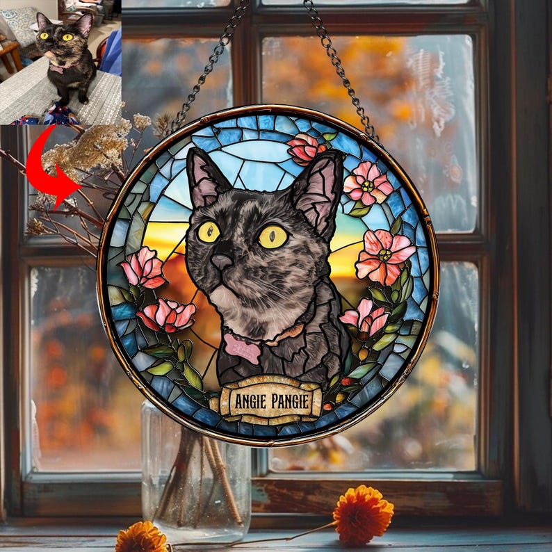 Custom Pet Portrait Stained Glass Suncatcher, Stained Glass Dog Memorial, Custom Dog Portrait from Photo, Pet Memorial Gift, Window hangings