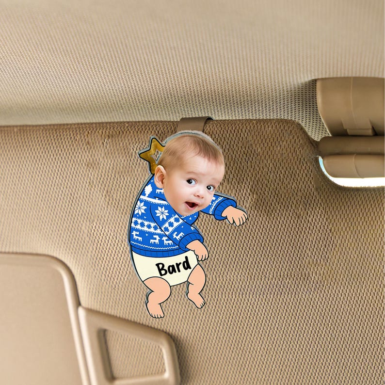 Custom Baby Face Christmas Car Visor Clip - Funny Personalized Kids Photo Car Visor Clip - Name Gift for Family Tree Decoration 2025