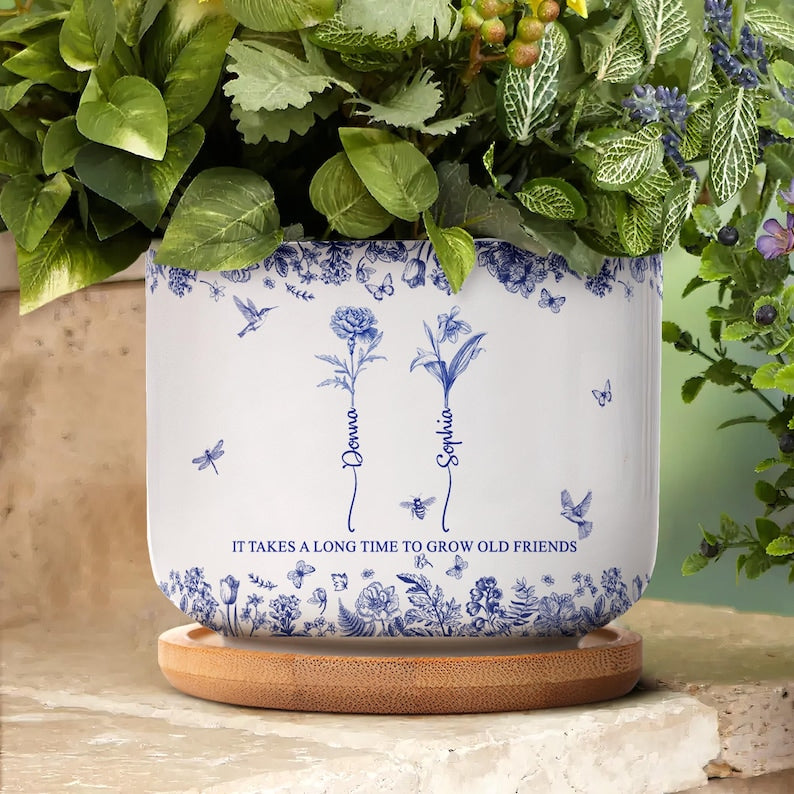 Personalized Ceramic Plant Pot, It Takes A Long Time To Grow Old Friends, Toile De Jouy Custom Birth Month Flower with Name