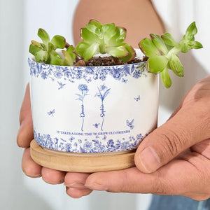 Personalized Ceramic Plant Pot, It Takes A Long Time To Grow Old Friends, Toile De Jouy Custom Birth Month Flower with Name
