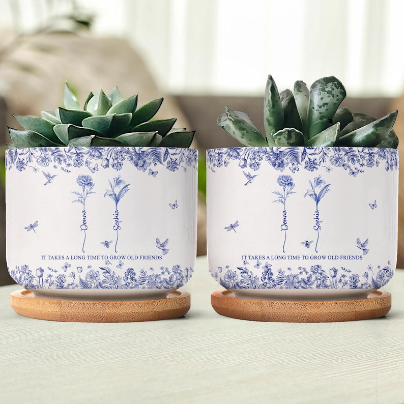 Personalized Ceramic Plant Pot, It Takes A Long Time To Grow Old Friends, Toile De Jouy Custom Birth Month Flower with Name