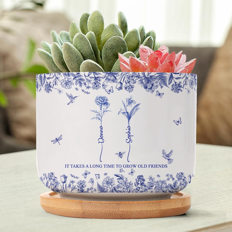 Personalized Ceramic Plant Pot, It Takes A Long Time To Grow Old Friends, Toile De Jouy Custom Birth Month Flower with Name