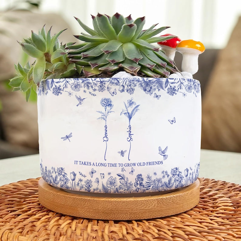 Personalized Ceramic Plant Pot, It Takes A Long Time To Grow Old Friends, Toile De Jouy Custom Birth Month Flower with Name