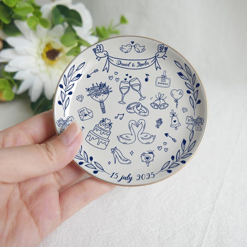 Wedding Gift for Newlyweds, Personalized Wedding Ring Dish, New Home Gift, Romantic Whimsical Ceramic, Birthday Gift, Birthday Keepsake