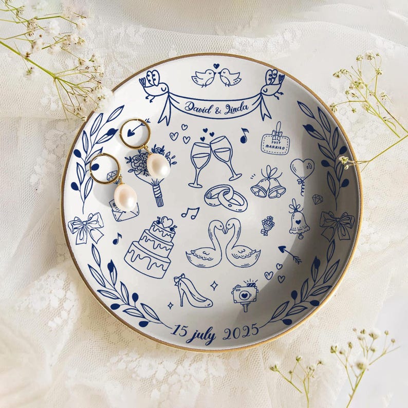 Wedding Gift for Newlyweds, Personalized Wedding Ring Dish, New Home Gift, Romantic Whimsical Ceramic, Birthday Gift, Birthday Keepsake