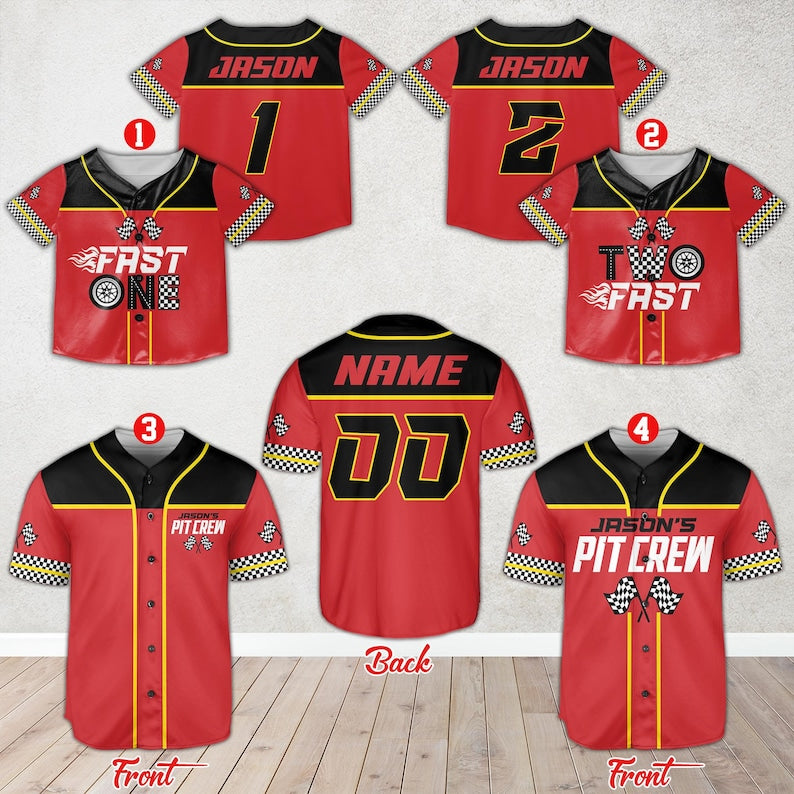 Personalized Pit Crew Baseball Jersey, Custom Name 1st 2nd Birthday Racing Jersey, Matching Family Fast One, Two Fast Baseball Jersey