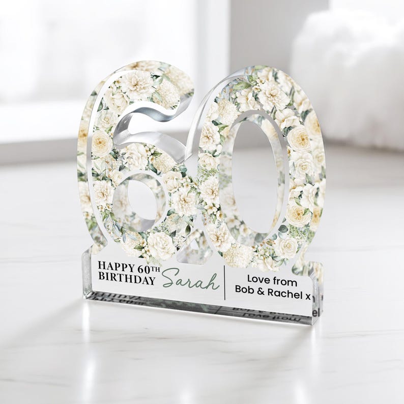 Personalised 60th Birthday Gift Plaque, Happy 60th Birthday Gift For Her, 60th Birthday Gifts, Floral 60th Gift, Gift for Her