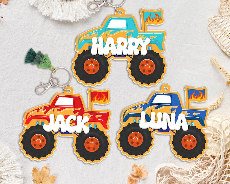 Custom Monster Truck Name Keychain, Kids Backpack Tag, Personalized Boys Bag Charm, Back to School Gift, Birthday Favor for Boys, Kid Gifts
