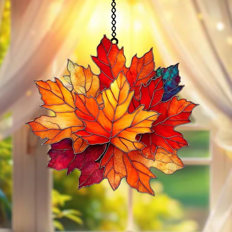 Fall Maple Leaf Faux Stained Glass Suncatcher Acrylic Hanging Window Art with Red, Orange & Gold Maple Leaves, Rustic Autumn Home Decor