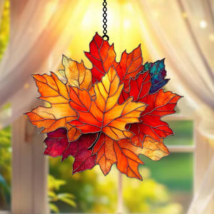 Fall Maple Leaf Faux Stained Glass Suncatcher Acrylic Hanging Window Art with Red, Orange & Gold Maple Leaves, Rustic Autumn Home Decor