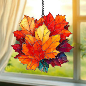 Fall Maple Leaf Faux Stained Glass Suncatcher Acrylic Hanging Window Art with Red, Orange & Gold Maple Leaves, Rustic Autumn Home Decor
