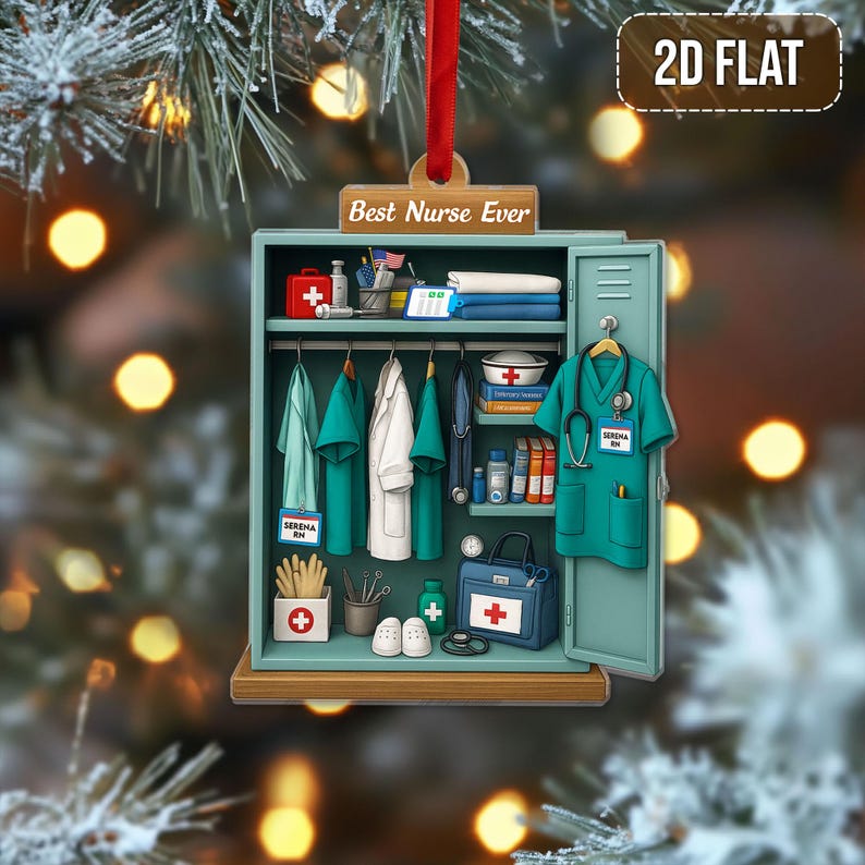 Personalized Nurse Locker Christmas Ornament, Flat 2D RN Scrubs Ornament for Nurse Appreciation, Best Nurse Ever Holiday Gift Idea