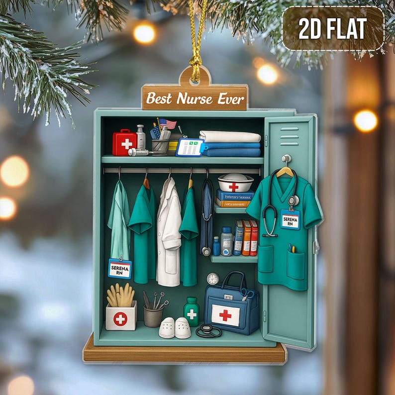 Personalized Nurse Locker Christmas Ornament, Flat 2D RN Scrubs Ornament for Nurse Appreciation, Best Nurse Ever Holiday Gift Idea